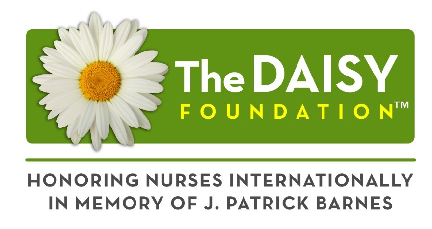 Daisy flower to left of Daisy Foundation text honoring nurses internationally in memory of J. Patrick Barnes