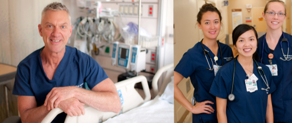 two side by side images of UCSF Health nurses, one of a nurse at the bedside and one image of a group of three nurses