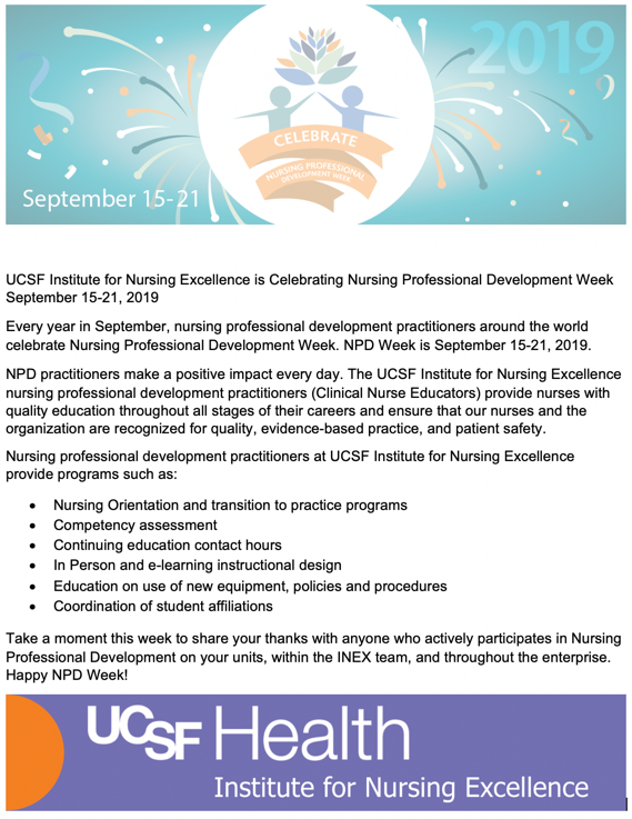 Celebrate Nursing Professional Development Week 2019 flyer with white, orange, teal banner with fireworks and text describing what Nursing Professional Development Week is
