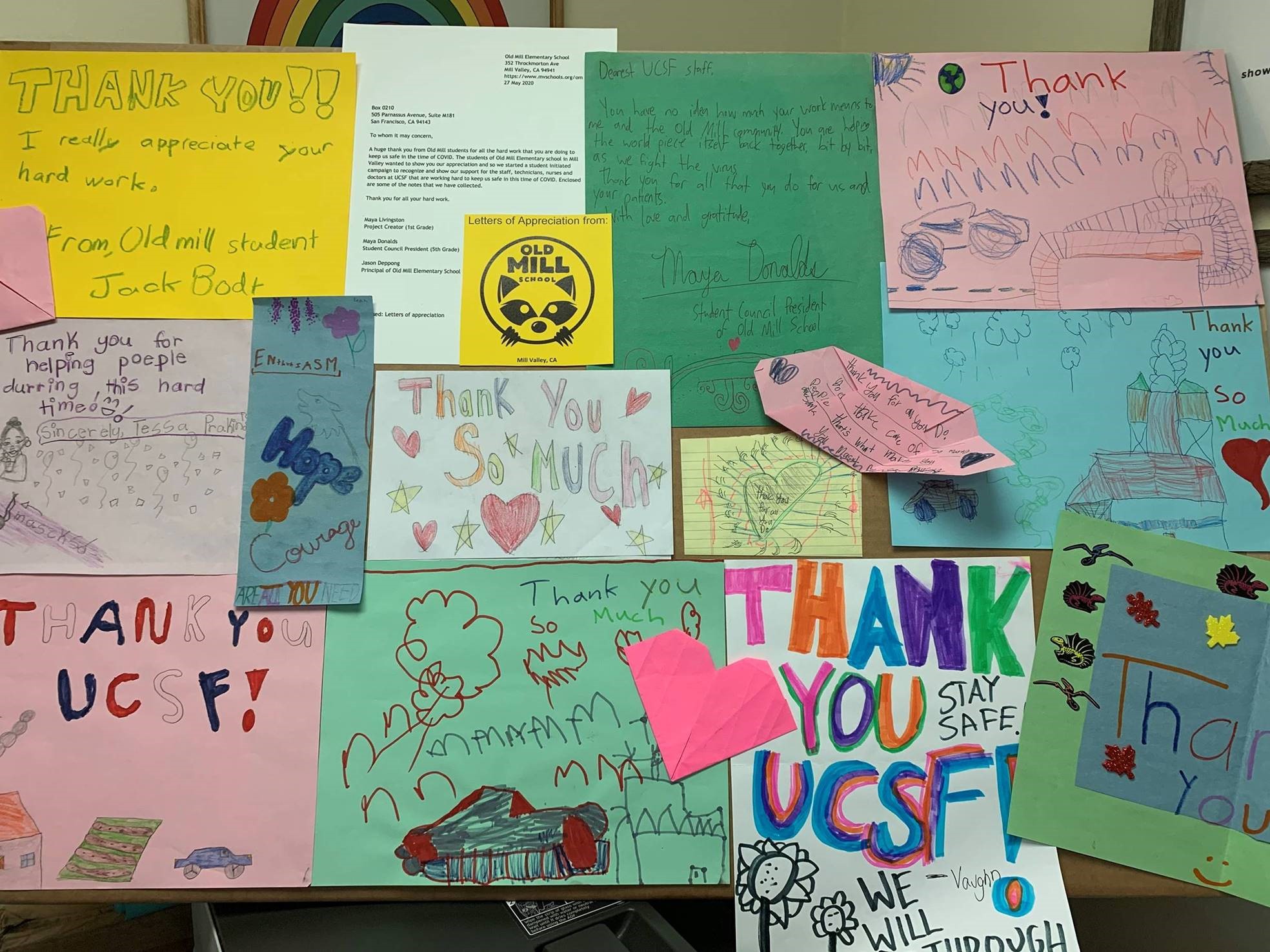 colorful thank you cards from Old Mill Elementary School students